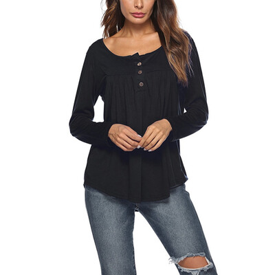 

Women T Shirt Tops Long Sleeve O-Neck Button T Shirts Pleated Autumn Winter Casual Solid Women Tshirt Female Loose Tops