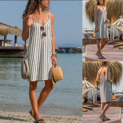 

Womens Holiday Mini Stripe Dress Beach Summer Strappy Dress Household Nightgown