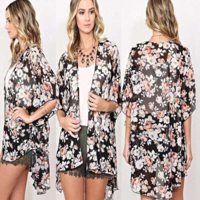 

Retro Women Floral Chiffon Fringe Loose Blouse Kimono Jacket Cardigan Top Casual