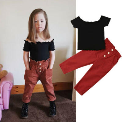 

Fashion Kids Baby Girls Off Shoulder Tops Brick Red Pants Outfit Clothes Set