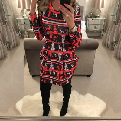 

Tailored Womens Fashion O-Neck Dome Printed Christmas Long Sleeve Slim Dresses