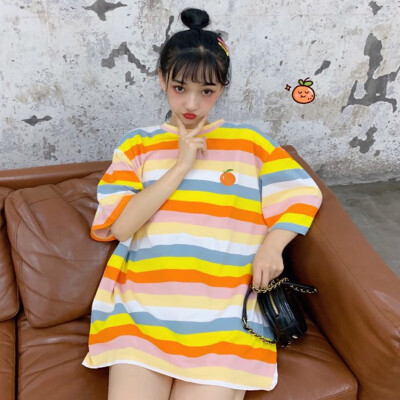 

Women clothes Summer Casual T Shirt Short Sleeve O-Neck Rainbow Striped Fruit Embroidery Loose Tee