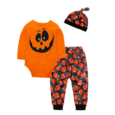 

Toddler Baby Boy Girl Pumpkin Print Top Blouse Pants Cap Halloween Outfits Set