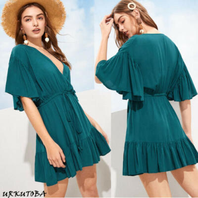 

Womens Elegant Summer Dresses Short Sleeve Ladies Deep V-neck Ruffles Mini Dress