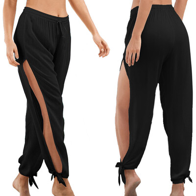 

Womens Side Slit Elastic Wide Leg Casual Baggy Pants Summer Beach Long Trousers