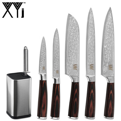 

XYj Stainless Steel Knife Holder Set Damascus Veins Blade Chef Knife Sharpener Bar Knife Stand