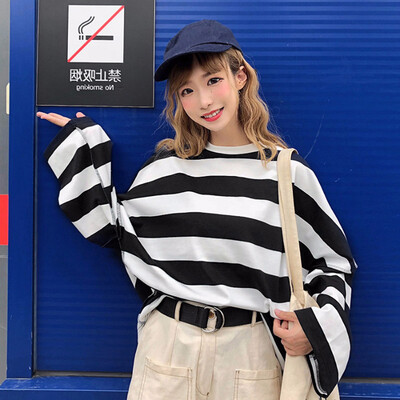 

Fashion Women Girl Loose Shirt Round Neck Striped Print Long Sleeve Top T-shirt