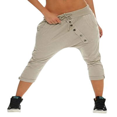 

Tailored Women Ladies Loose Button Solid Color Seven Point Pants