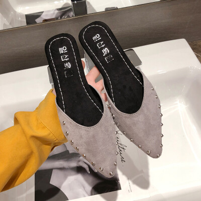 

Ins Port Wind Candy&Colorful Society Wears Cool Slippers in Summer Korean Edition Baotou Riveted Flat-soled Slippers
