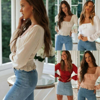 

Fashion Women Cropped Tops Tee Square Neck Puff Long Sleeve Blouse Slim Fit Shirred Elastic Waist Casual T-shirts