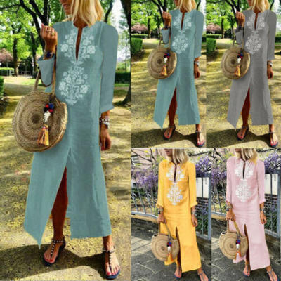 

USA Women Cotton Linen Maxi Dress Short Sleeve Boho Kaftan Tunic Dress Plus Size