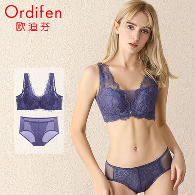 

Ou Difen bra set underwear women 19 new thin section big chest small bra female lace hole cup gathered tube top vest style underwear set XB9329 nude skin color