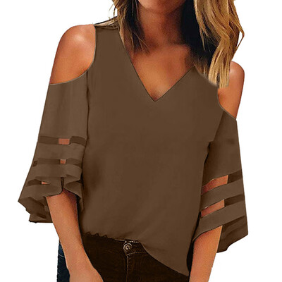 

Fashion Women Cold Shoulder Casual Loose Chiffon 34 Sleeve Shirts Blouse Tops