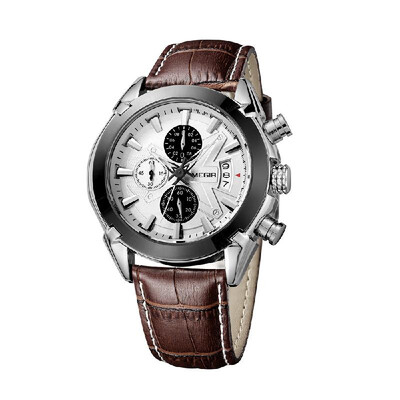 

Megir Branded New Fashion Man Watch Genuine Leather Band 3 Small Dials Quartz Wristwatch Analog Display Date Chronograph BlackBro