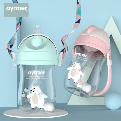 

Aynmer baby learning drinking cup portable child cup double handle with straw gravity ball to send strap pink 280ml