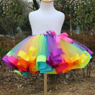 

US Stock Kids Girls Rainbow Tutu Skirt Tulle Fluffy Princess Dance Party Skirts