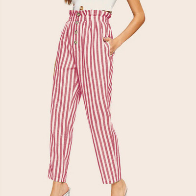 

Ladiesstriped Printed Button High Waist Casual Pants