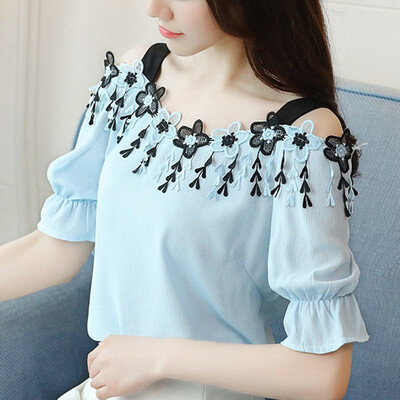 

Womens Floral Embroidery Off Shoulder Short Sleeve Blouse Shirts Ruffled Tops