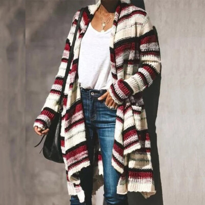 

Tailored Women Fashion Stripe Open Front Long Sleeve Knit Sweater Cardigans Coat