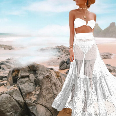 

Sexy Women Ladies Polka Dots Mesh Skirt See-through Beach Wear Long Maxi Dress