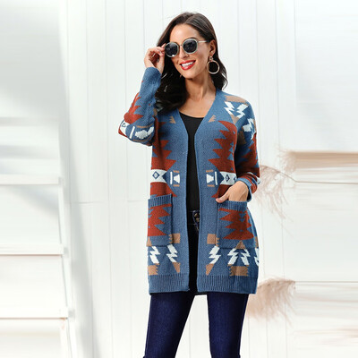 

Toponeto Women Christmas Geometric Pattern Coat V-Neck Christmas Tree Sweater Cardigan