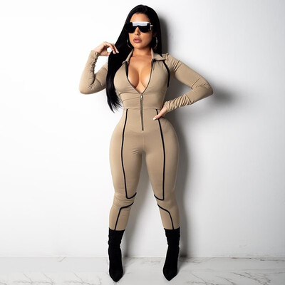 

Sexy Women Sports Jumpsuit Patches Zip V Neck Long Sleeve Bodysuit Bodycon Workout Suit BlackKhakiBurgundy