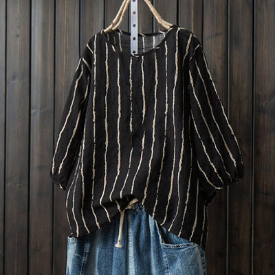 

Womens Casual Plus Size Striped Tops 34 Sleeve Shirts Round Neck T-shirt Blouse