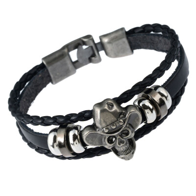 

Handmade Retro Genuine Leather Woven Skull Charm Bracelet Men Vintage Braided Bracelets Bangles Jewelry