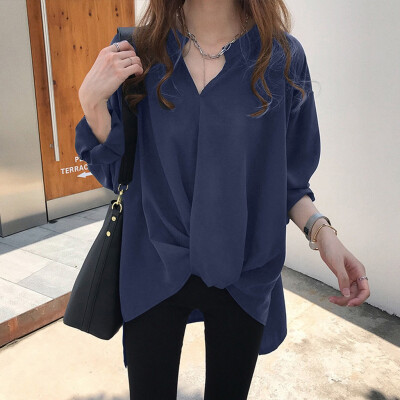 

Tailored Women Plus Size Casual Solid Blouse V-neck Loose Shirt Button Long Sleeve Tops