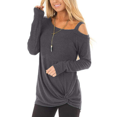 

Women Sexy T-Shirt Hole Plus Size Spring Autumn Cold Shoulder Long Sleeve Solid Knot Top