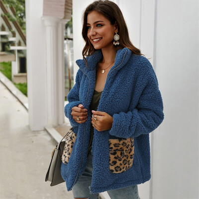 

Patchwork Leopard Pocket Jacket Coat Winter Women Zippers Turn Down Neck Thick Warm Outwear Clothes