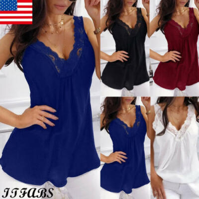 

Women Summer Lace Vest Sleeveless Loose Casual V-Neck Tank Tops Blouse T-Shirt