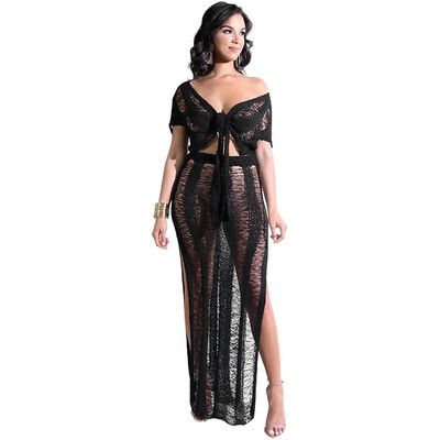 

Sexy Women Two-piece Set Sheer Knitted Crop Top V Neck Bodycon Slim Split Long Skirt Solid Suits BlackWhiteCamel