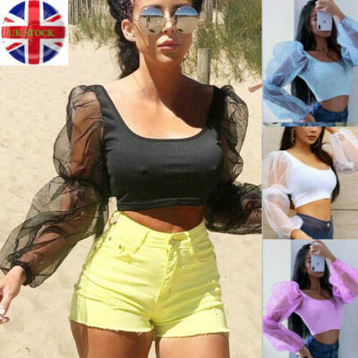 

Women Cropped Tops Sheer Tee Casual T-shirts Mesh Puff Sleeve Blouse Slim Fit UK