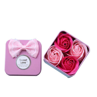 

4pcsBox Rose Flower Bath Body Scented Soap Iron Box Valentine Day Gifts