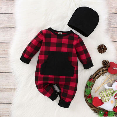 

US Christmas Infant Baby Girl Boy Plaids Romper Bodysuit Hat Xmas Clothes Sets