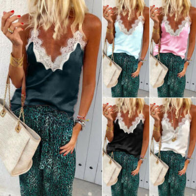 

Women Sexy Satin Silk V Neck Lace Vest Camisole Tank Vest Blouse Cami Crop Tops