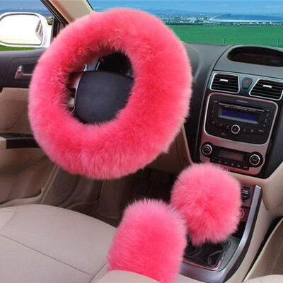 

3PcsSet Charm PinkSaffron Yellow Long Wool Plush Warm Steering Wheel Cover Woolen Handbrake Car Accessory