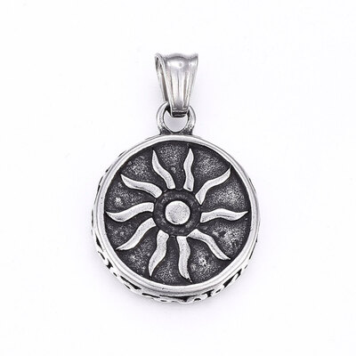 

304 Stainless Steel Pendants Flat Round with Sun Antique Silver 295x24x4mm Hole 5x8mm