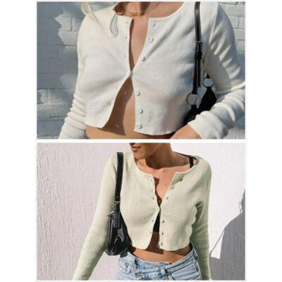 

Womens Sexy V-Neck Button Shrug Long Sleeve Crop Tops Knit Sweater Cardigan -L