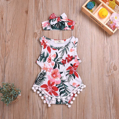 

Summer Infant Baby Boys&Girls Sleeveless Flower Print Romper BodysuitHeadband
