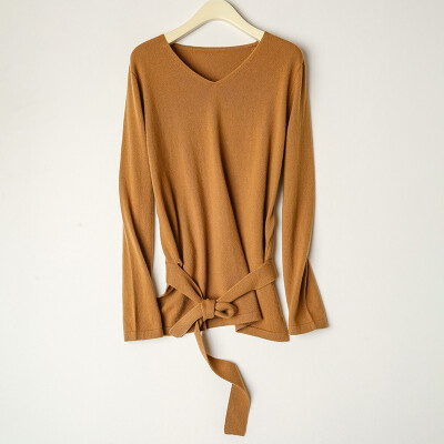 

Card&Geese cashmere sweater solid color v-neck new womens sweater short with simple belt 10541