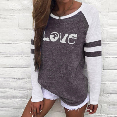 

Casual Women Printed Stripe Stitching Round Neck Long Sleeve T-shirt Plus Size Blouses Tops