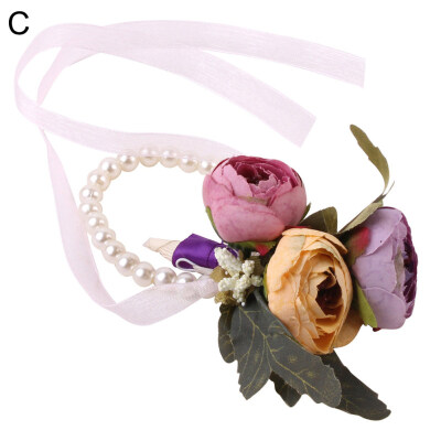 

Faux Pearl Wedding Bracelet Bridesmaid Bride Flower Ribbon Hand Wrist Corsage