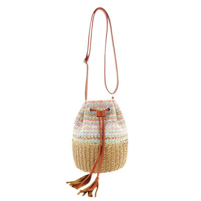 

Boho PP Straw Shoulder Handbags Women Drawstring Bucket Crossbody Bags