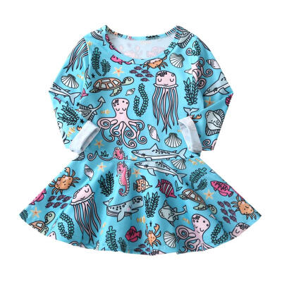 

Cartoon Ocean World Printed Baby Kids Girls Long Sleeve Infant Casual Dress