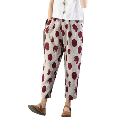 

Women Comfy Harem Pants Mid Waist Elastic Print New Loose Red Dot Straight Casual Long Pants