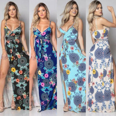 

Womens Boho Style V Neck Sling Maxi Dress Ladies Summer Printed Floral Sundress