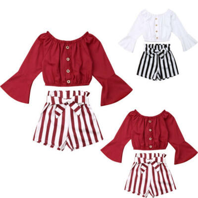 

US Kids Toddler Baby Girl Long Sleeve T-shirtStriped Short Pants Outfit Dresses