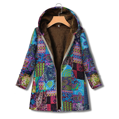 

Tailored Women Winter Vintage Warm Printed Pockets Thicker Zipper Hooded Coat Outwear